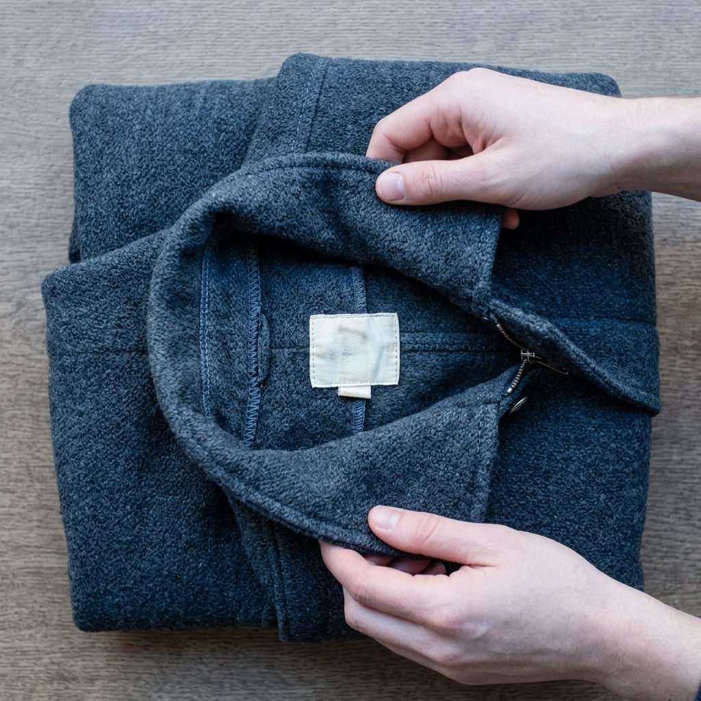 AI_IMAGE: Two hands holding open the collar of a folded wool coat on a plain table, examining the seam and the sewn-in care label area from above, textile weave and stitching sharply visible. | small square thumbnail beside a short paragraph about quality standards | photorealistic | square