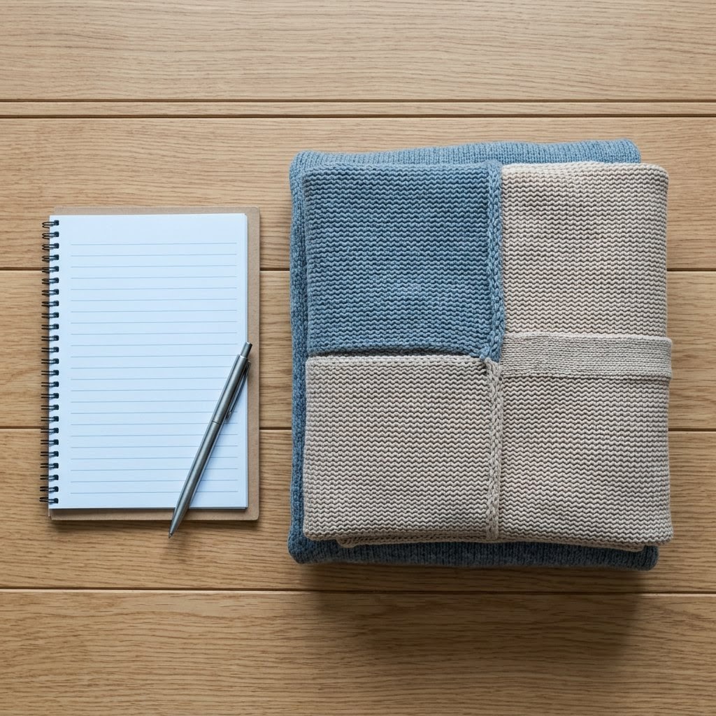 AI_IMAGE: Ein aufgeräumter Arbeitsplatz von oben: ein leerer Notizblock ohne Schrift, ein Kugelschreiber und ein gefaltetes Strickteil auf einer Holzplatte, Kanten parallel zum Bildrand. | small square thumbnail in a stacked index row about direct support from the site administrator | photorealistic | square