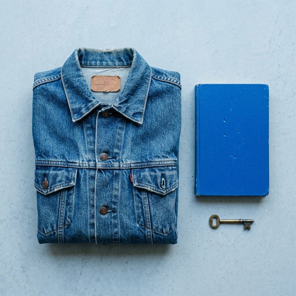 AI_IMAGE: A tidy flat-lay of a folded second-hand denim jacket beside a plain blue notebook and a small brass key on a smooth pale surface, seen straight from above with even diffuse light. | first step card in a three-column seller-journey grid | photorealistic | square