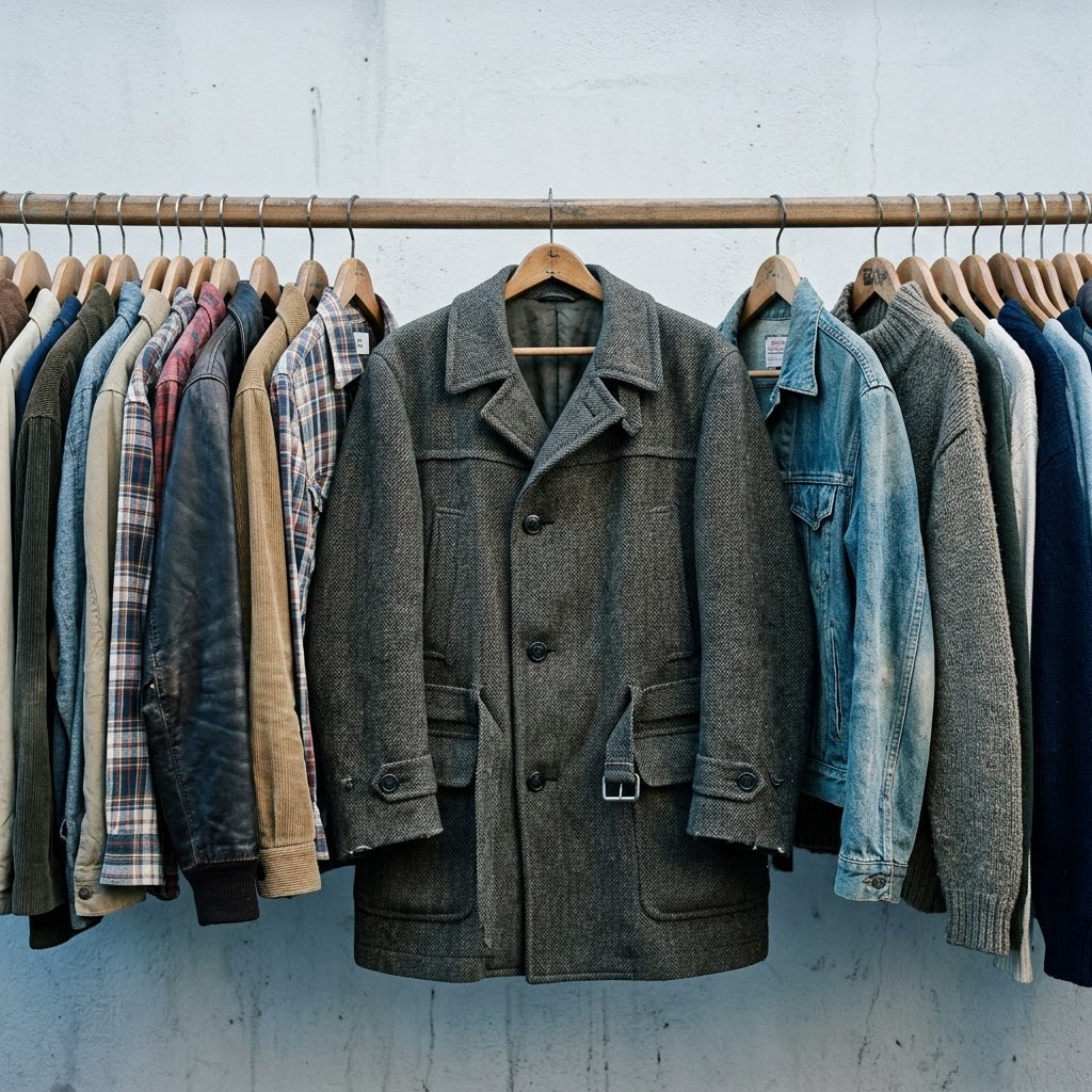 AI_IMAGE: A row of second-hand garments on wooden hangers against a plain wall, one wool coat pulled slightly forward at the centre, photographed at eye level with the rail running horizontally across the frame. | second step card in a three-column seller-journey grid | photorealistic | square