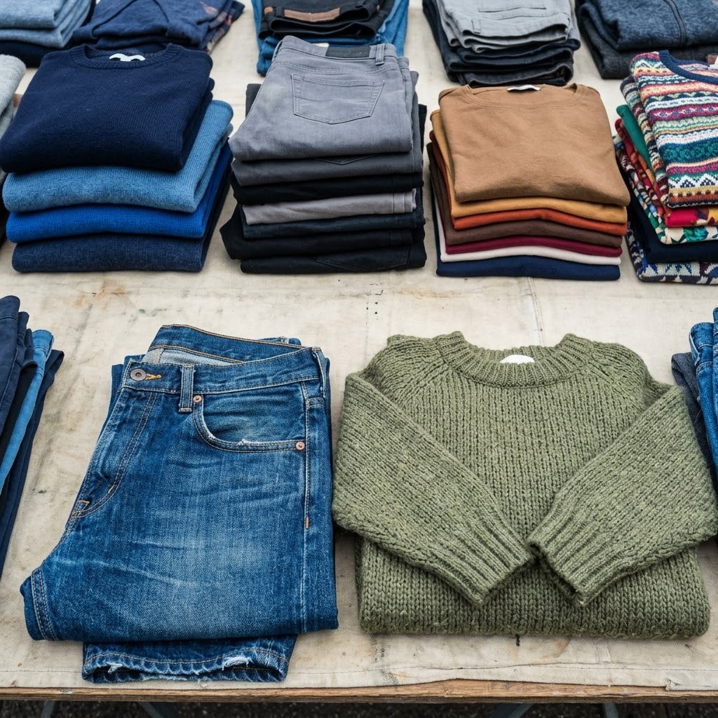 AI_IMAGE: A square top-down view of a market table with folded second-hand garments sorted into tidy stacks by colour, a pair of worn denim trousers and a knitted jumper laid flat in the foreground, seams and fabric weave sharply visible, table surface filling the frame. | contained square photograph in the narrower support column beside page-opening copy | photorealistic | square