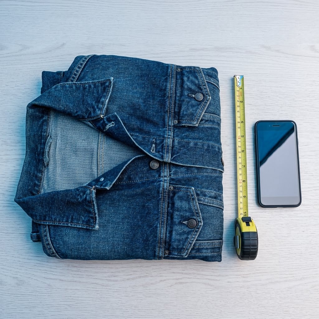 AI_IMAGE: Eine gefaltete Jeansjacke auf einem hellen Tisch, daneben ein Maßband und ein Smartphone, das die Jacke von oben aufnimmt, Blick leicht schräg von oben. | product card in a three-column process grid | photorealistic | square