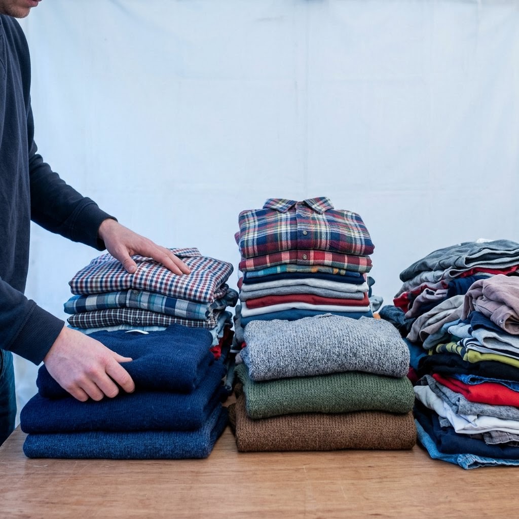 AI_IMAGE: A person sorting folded second-hand shirts and knitwear into neat stacks on a plain table, hands and fabric in the foreground, plain wall behind. | step card in a two-by-two grid explaining seller onboarding | photorealistic | square