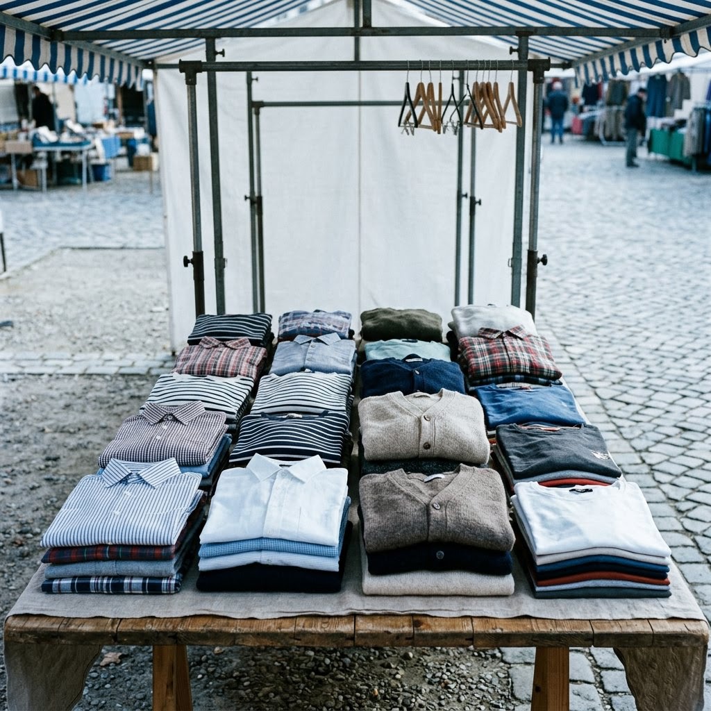 AI_IMAGE: A tidy market stall table seen slightly from above, neatly folded shirts and knitwear stacked in rows, an empty clothes rail rising at the back, no people in frame, canopy edge and open ground visible along the top. | small square thumbnail beside a short paragraph about fair earnings for sellers | photorealistic | square